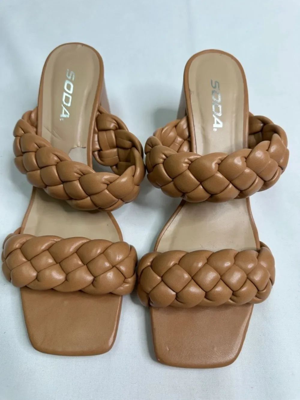 Soda Braided Double-Strap Slide Mules in Tan